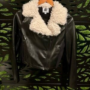 Juicy Couture Black Faux Leather Jacket with Faux Fur Collar, Women's XS